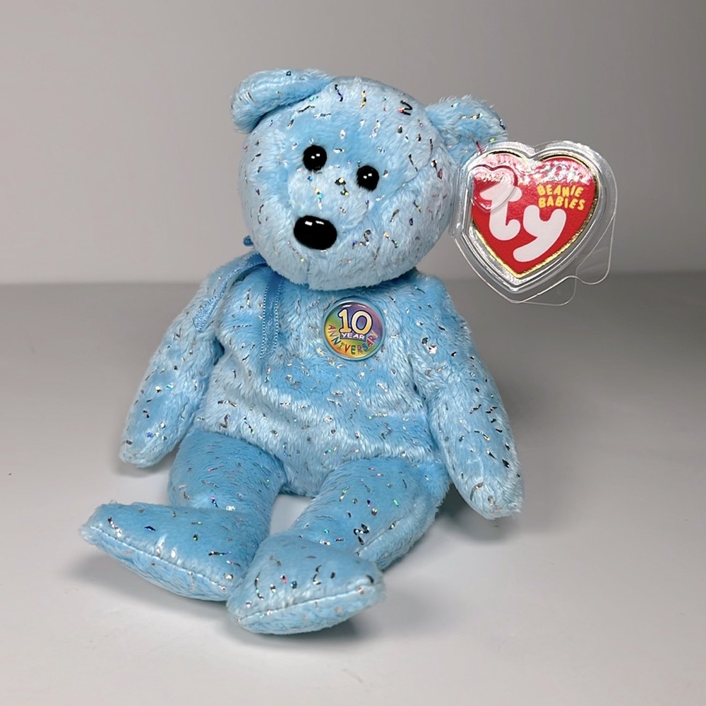 TY Original Beanie Baby 10 Yr Decade Celebration Bear Blue Confetti Anniversary